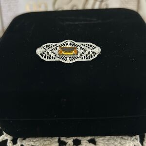 Vintage Art Deco Silver Filigree Pin with AmberStone-Good Condition